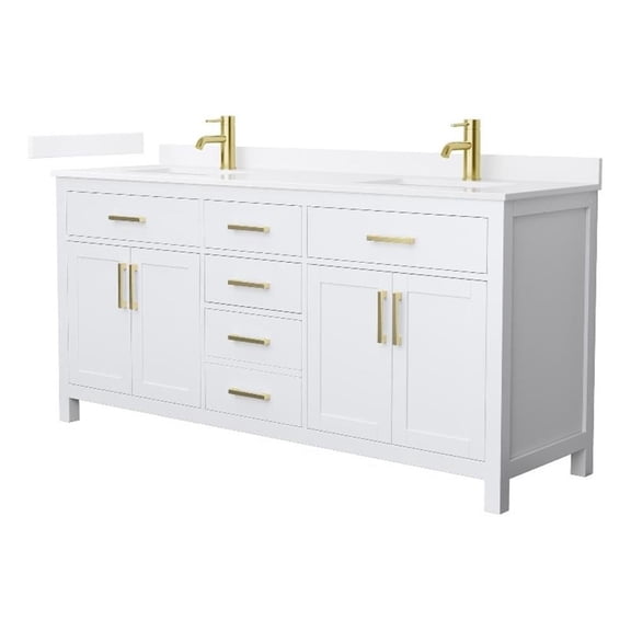 Beckett 72" White Double Vanity & White Quartz Top (1-Hole) & Gold Trim