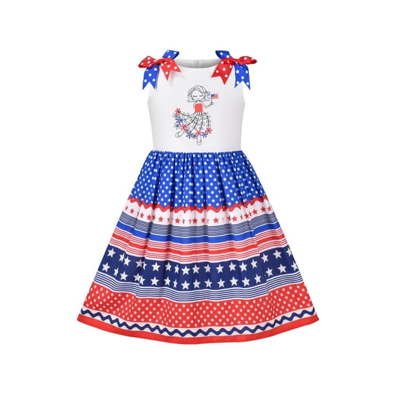 Girls Dress Bow Dot Star Stripe National Day July 4th Sleeveless 5 Years