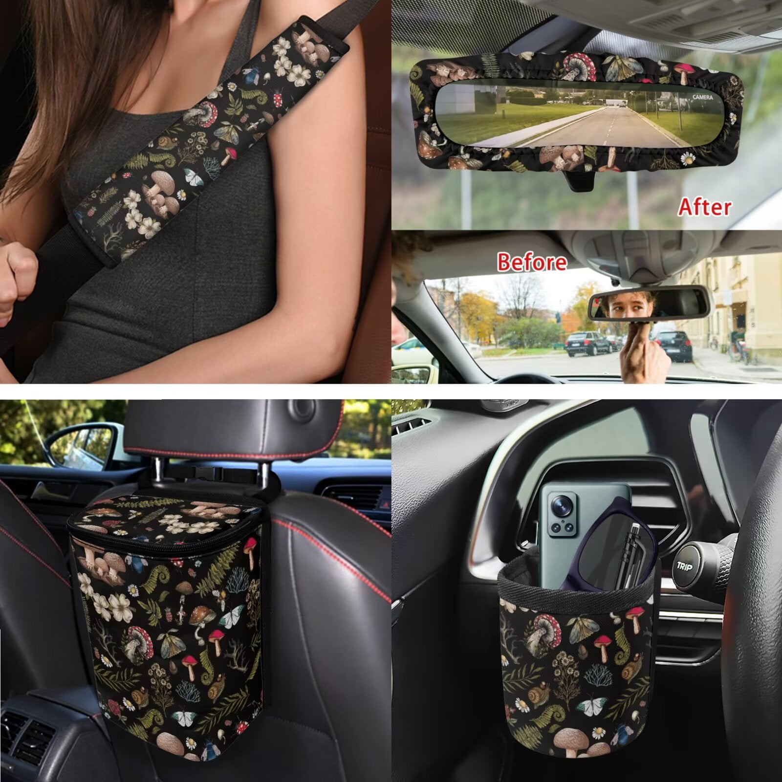 Uorisanigo Aesthetic Mushroom 15 PCS Car Seat Cover Full Set, Universal Front and Back Seat Covers Steering Wheel Cover Seat Belt Strap Pads Coaster Trash Bin Air Vent Pouch Keychain Rearview Cover