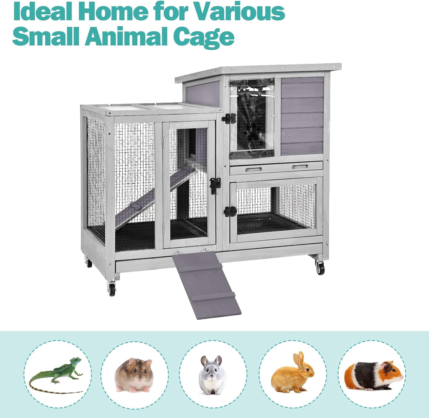 MEDEHOO 2-Story Rabbit Hutch Indoor Bunny Cage Outdoor Guinea Pig House with Wire Mesh Floor, Leak-Proof Trays, Lockable Wheels for Rabbits, Guinea Pigs, 40.6" L x 26" W x 37.6" H