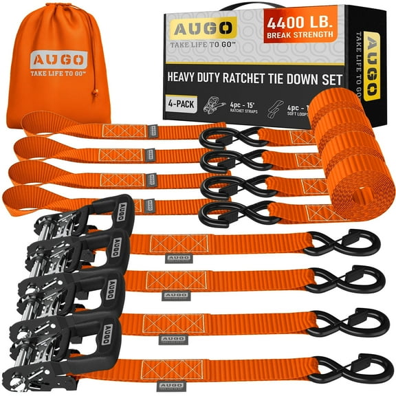 AUGO Heavy Duty Ratchet Straps & Soft Loops – Pack of 4 Extra Strong 1.5” by 15’ Ratchet Straps w/ S-Hook Safety Latches & 4 Soft Loop Tie Downs – 4400Lb Break Strength for Motorcycles, ATVs, Etc.