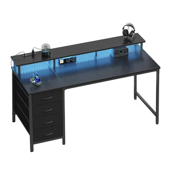Computer Desk with 4 Drawers, Gaming Desk with Power Outlets and LED Lights, Office Desk for Small Spaces with Monitor Shelf, Writing Desk for Home Office Bedroom Study, 45 Inch