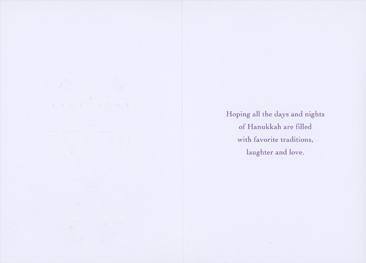 Designer Greetings Gold Menorah Inside Blue Star Over Blue Leaves, Dreidels and White Flowers Box of 15 Hanukkah Cards