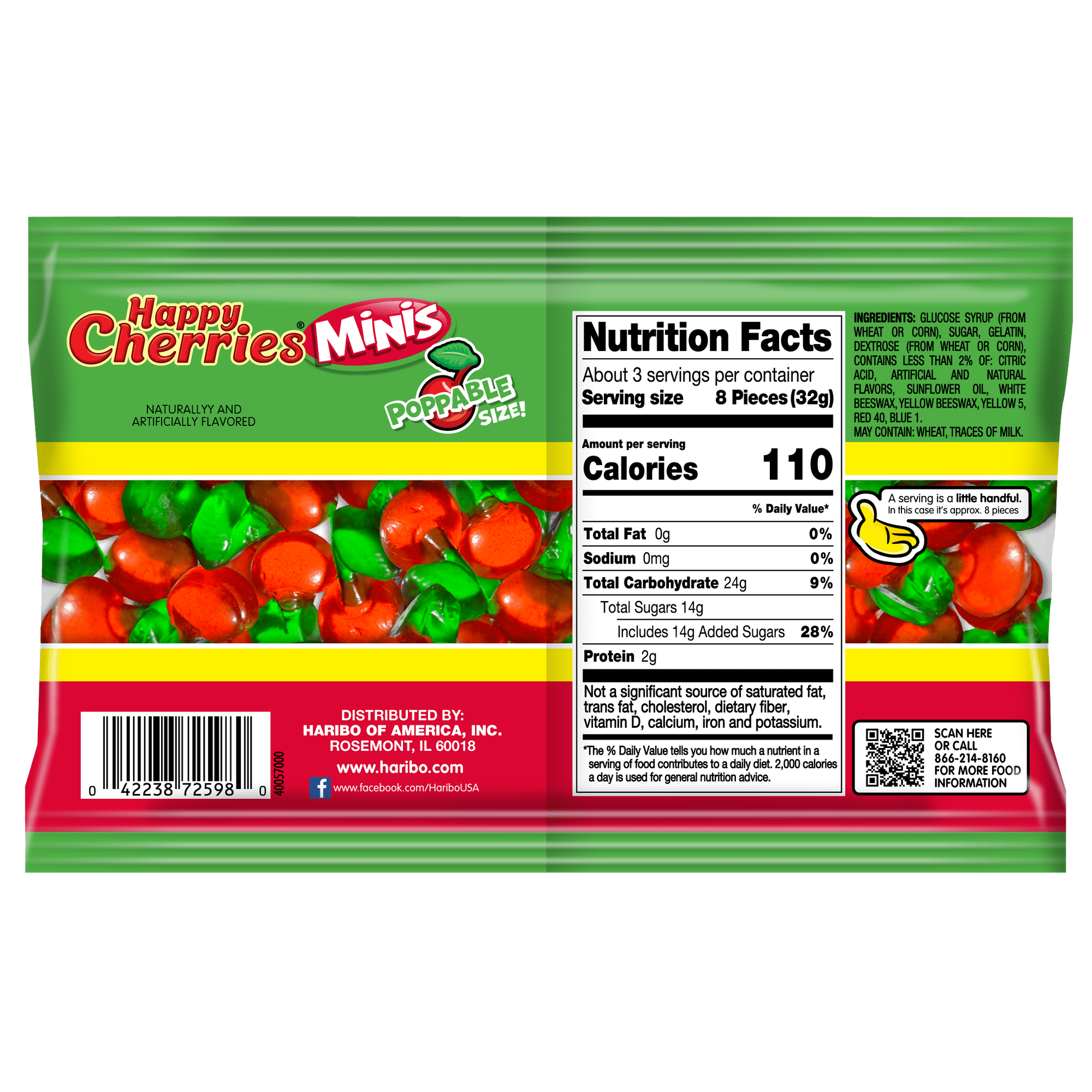 HARIBO Happy Cherries Mini Gummies Fruit Flavor Gummy Candy, 3.5oz, Share Size Peg Bag
