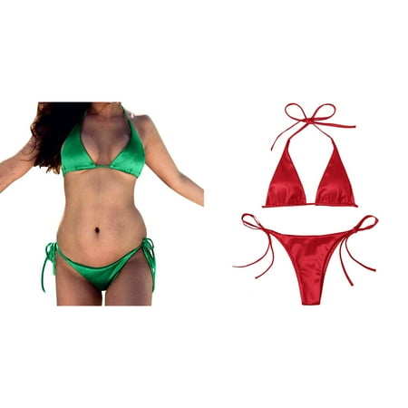 (2-Pack) Kcodviy Women Bandeau Bandage Bikini Plus Size Bikini Top Set Push Up Brazilian Ruffle Bikini Top Swimwear Beachwear Swimsuit Thong Bikini Bottoms for Women Bikiniwear