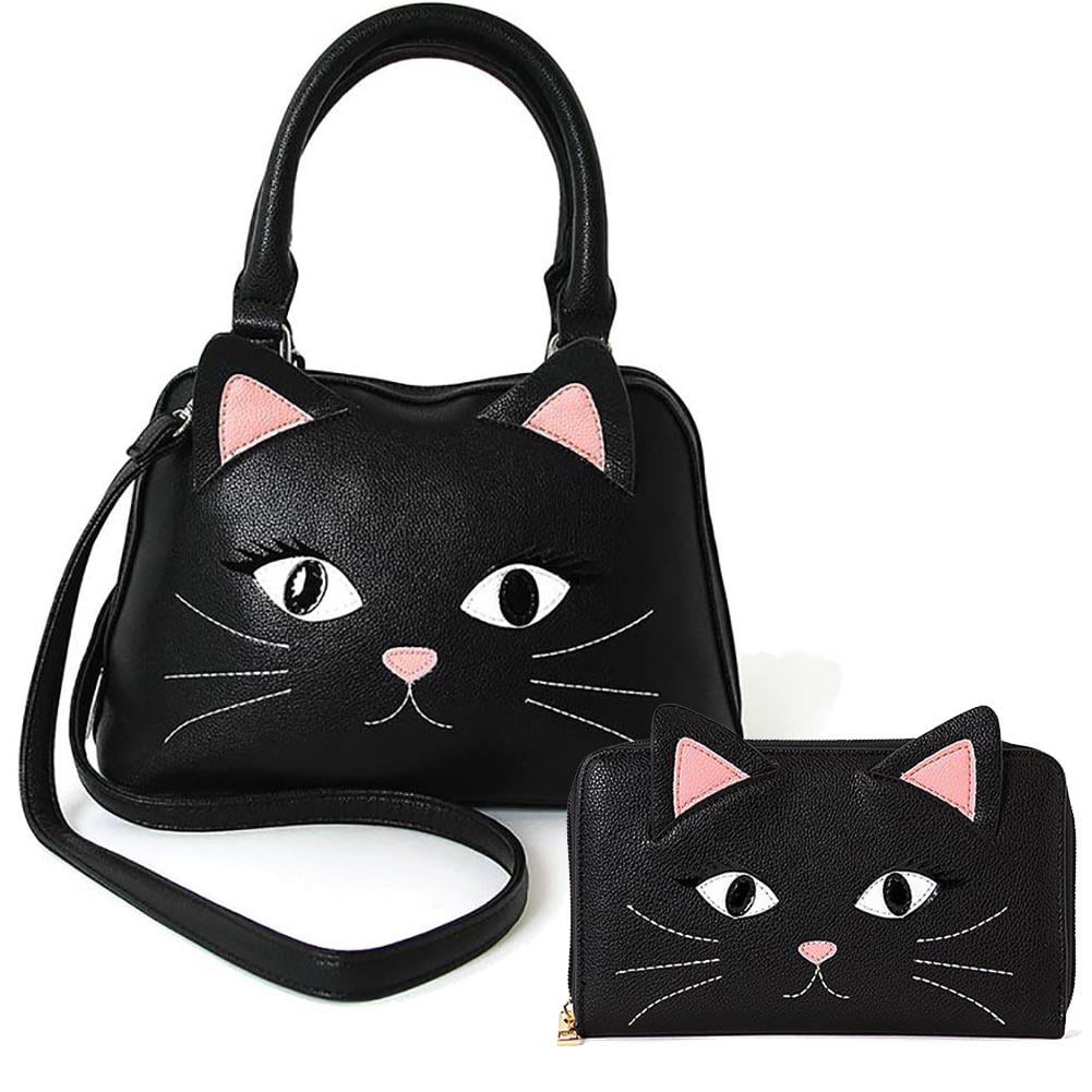 Cute Black Cat Face Faux Leather Satchel Handbag & Wallet Set ...