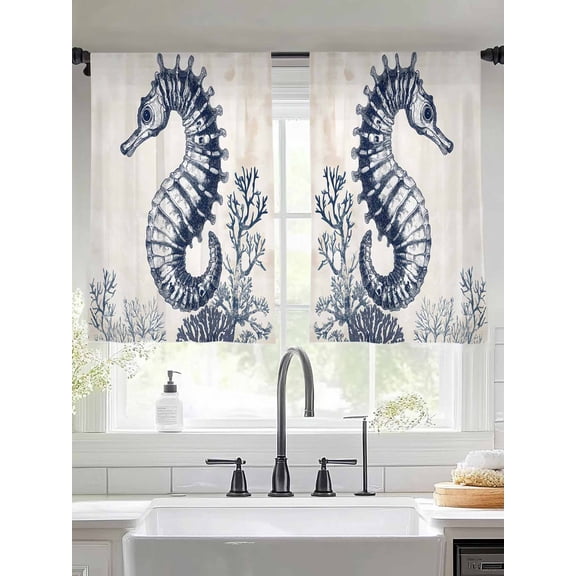 Navy Blue Seahorse Coastal Sheer Curtains for Living Room Bedroom Beach Vintage Botanical Sheer Curtains 54 Inch Long 2 Panels Set Light Filtering Curtain Window Treatments Drapes for Dining Room