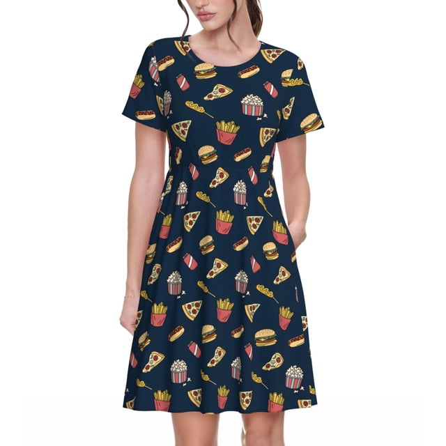 Vsdgher Fast Food pour Femmes Été 2025 Robes Midi Maxi Décontractées Légères Manches Courtes Col Rond Robe de Plage