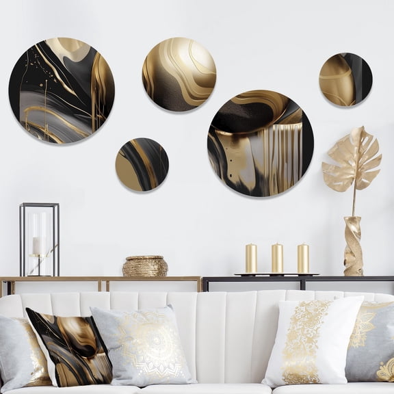 Designart "Captivating Marble Gold and Black IV" Abstract Marble Metal Wall Art Set of 5 Piece