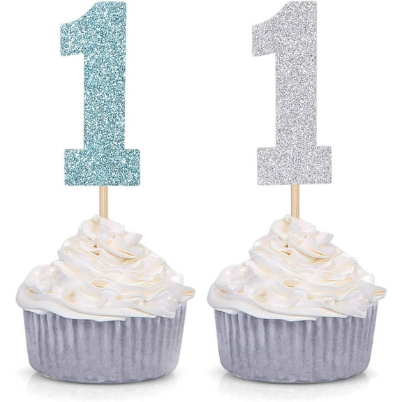 12pcs Blue and Silver Glitter One Cupcake Toppers for Baby Boy First Birthday Party Picks Decorations