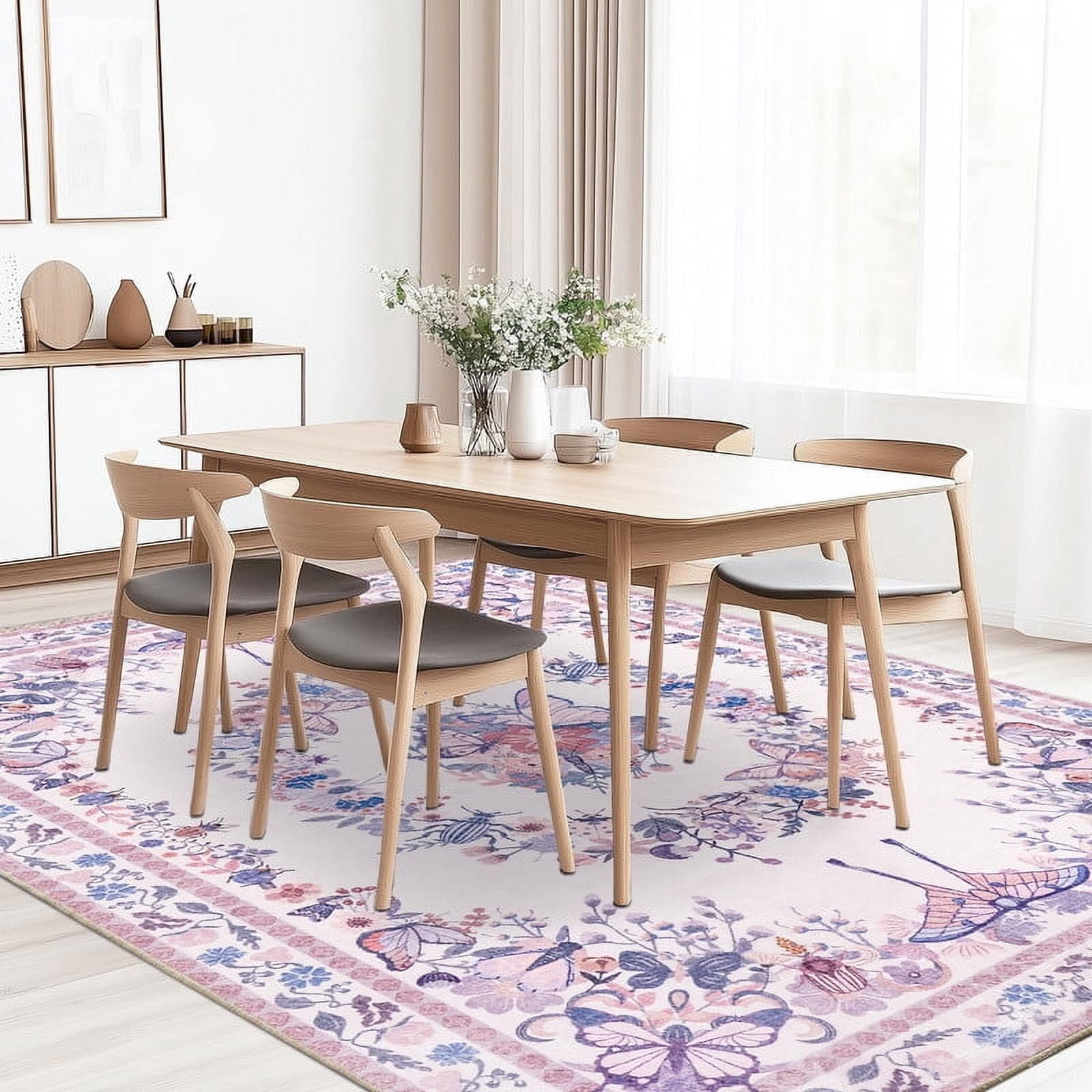 Butterfly Print Washable Pink Area Rug 4x6 for Living Room Bedroom Girls Room Nursery, Non-Slip & Stain Resistant Modern Indoor Dining Room Carpet, Soft Cozy Low Pile Throw Rugs with Rubber Backing