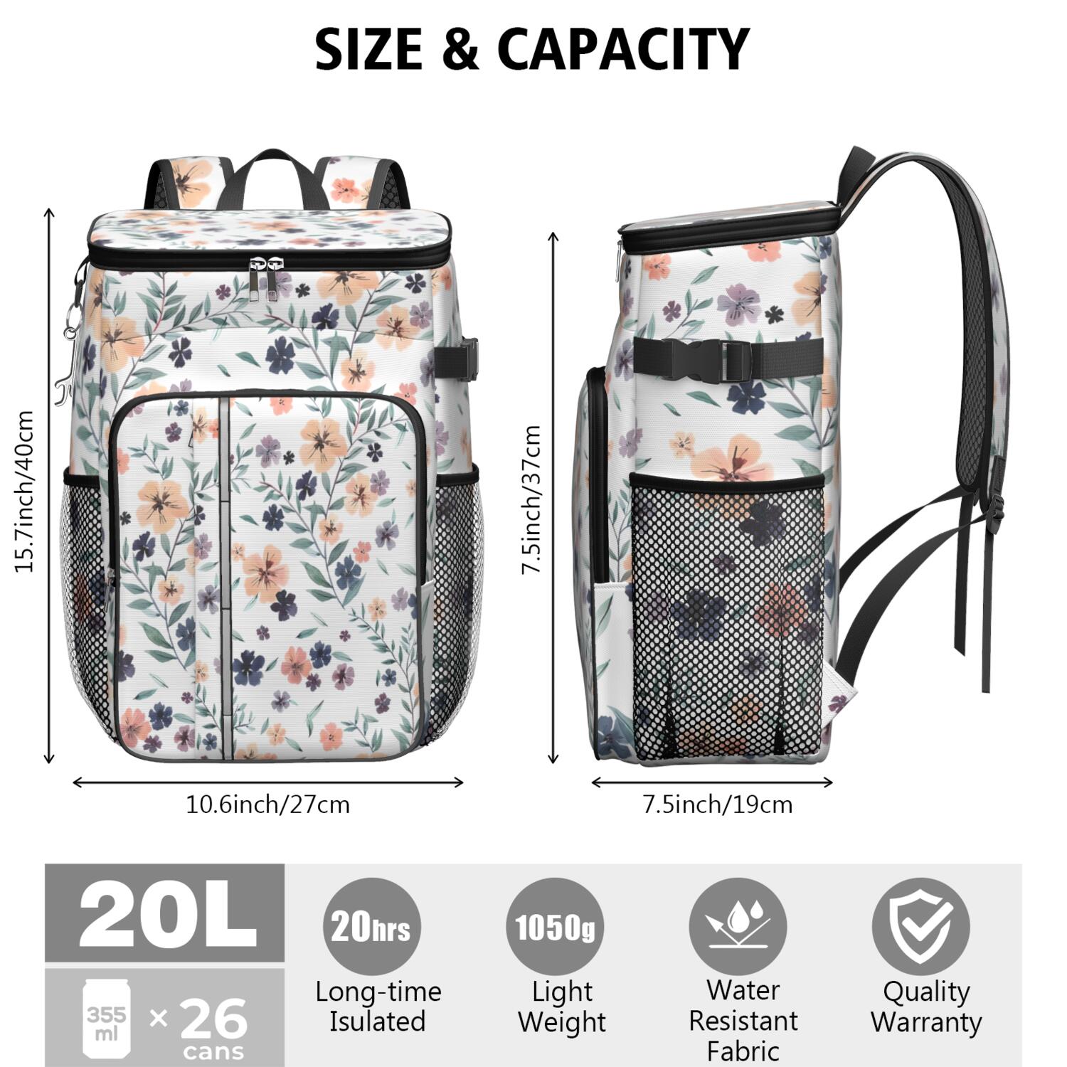 Travel Cooler Bag - Pioneer Flower Floral Print Pattern Camping Beer Cooler Backpack with Bottle Opener- Waterproof Insulated Picnic Backpacks - Cooler Bag for Beach