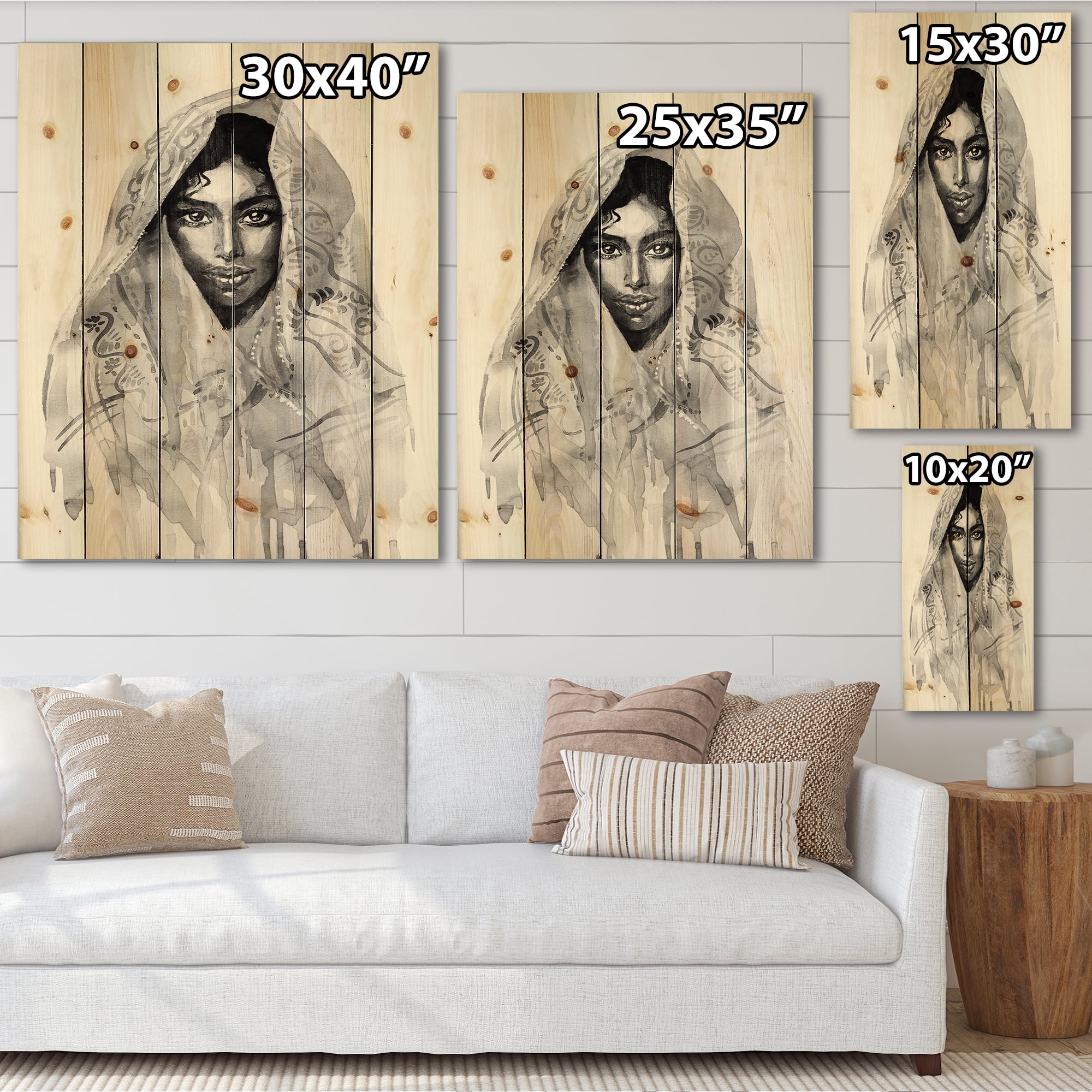 Designart 'Black and White Portrait of Young Indian Woman I' Modern Print on Natural Pine Wood