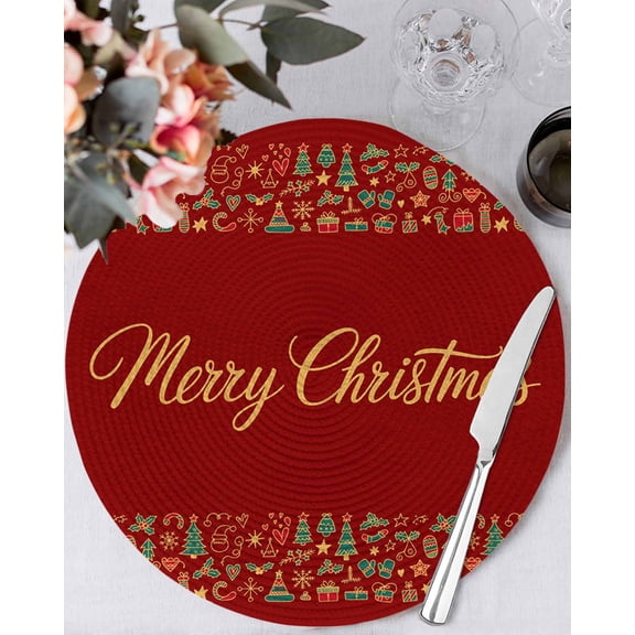 15 Inch Round Placemats Set of 4, Christmas Non Slip Heat Insulation PP Table Mats, Modern Winter Xmas Trees Gifts Red Washable Place Mats for Kitchen Dining Party Table Decor