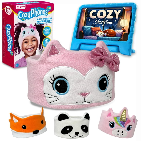 CozyPhones Toddler Headphones Wireless, Kids Bluetooth Headband, Safe Volume Limiting - Wired School Headphones for Kids with Carry Bag - Toddler Airplane Travel Essentials for Boys & Girls - Kitty