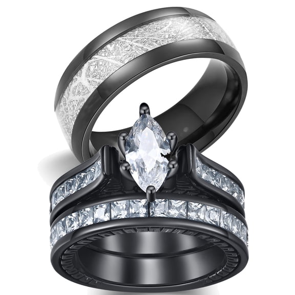 Matching Ring Couple Rings Black Gold Plated 1.5CT CZ Wedding Ring Sets Titanium Male Ring