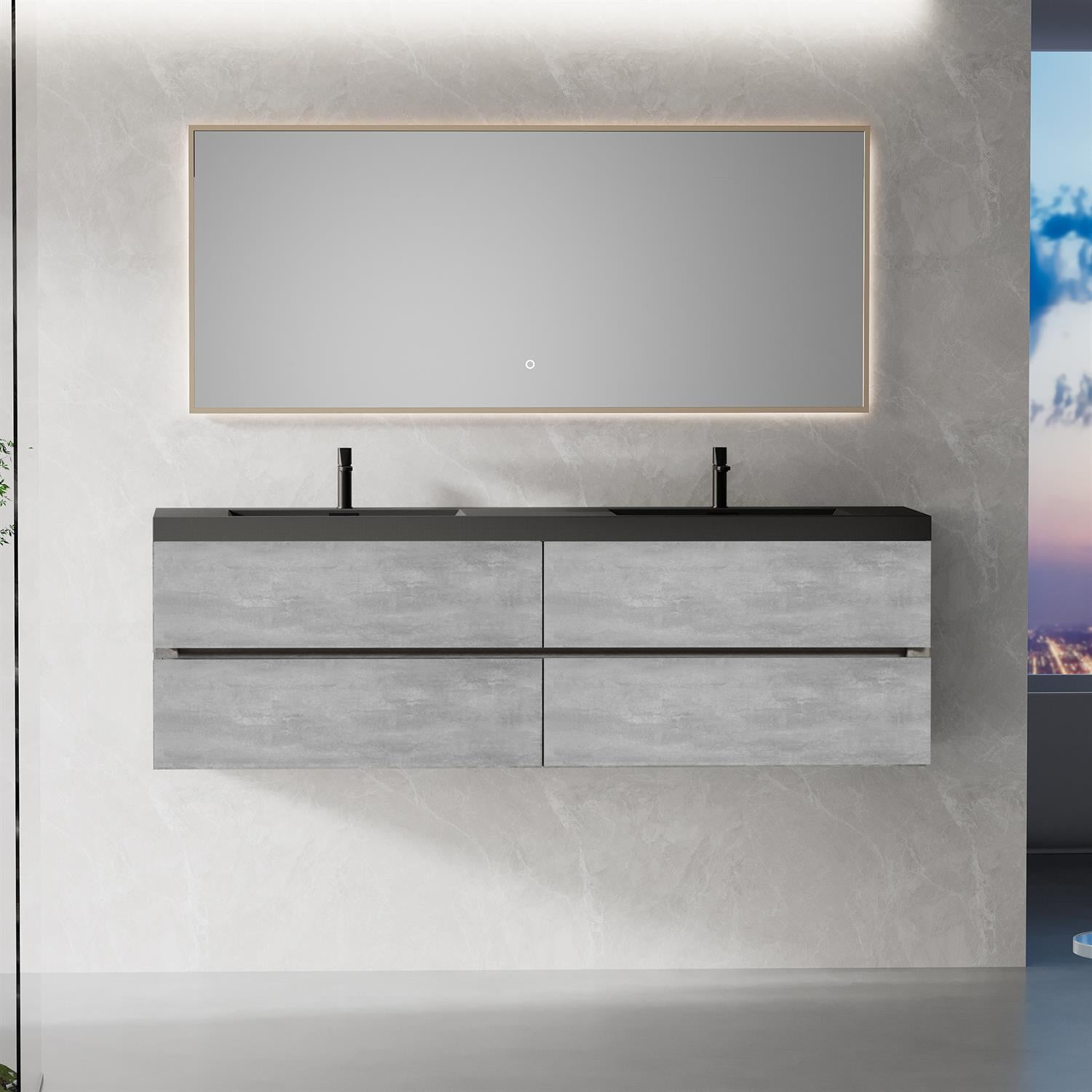 Demi Bonn 70" Floating Bathroom Vanity with Sink, Double Black Quartz Sand Top Basin and 4 Soft Close Drawers, Faucets and Drains Not Included, Gray