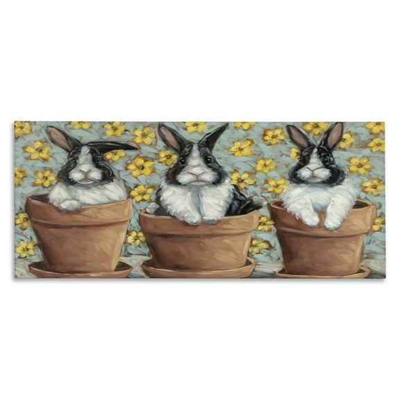Stupell Industries Three Bunnies in Pots Animals & Insects Painting Gallery Wrapped Canvas Art Print Wall Art, 24 x 10