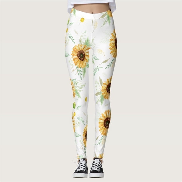 MKLEKYY Leggings deportivos para mujer, cómodos leggings con estampado de girasoles, leggings deportivos de control para yoga, leggings de cintura alta para mujer