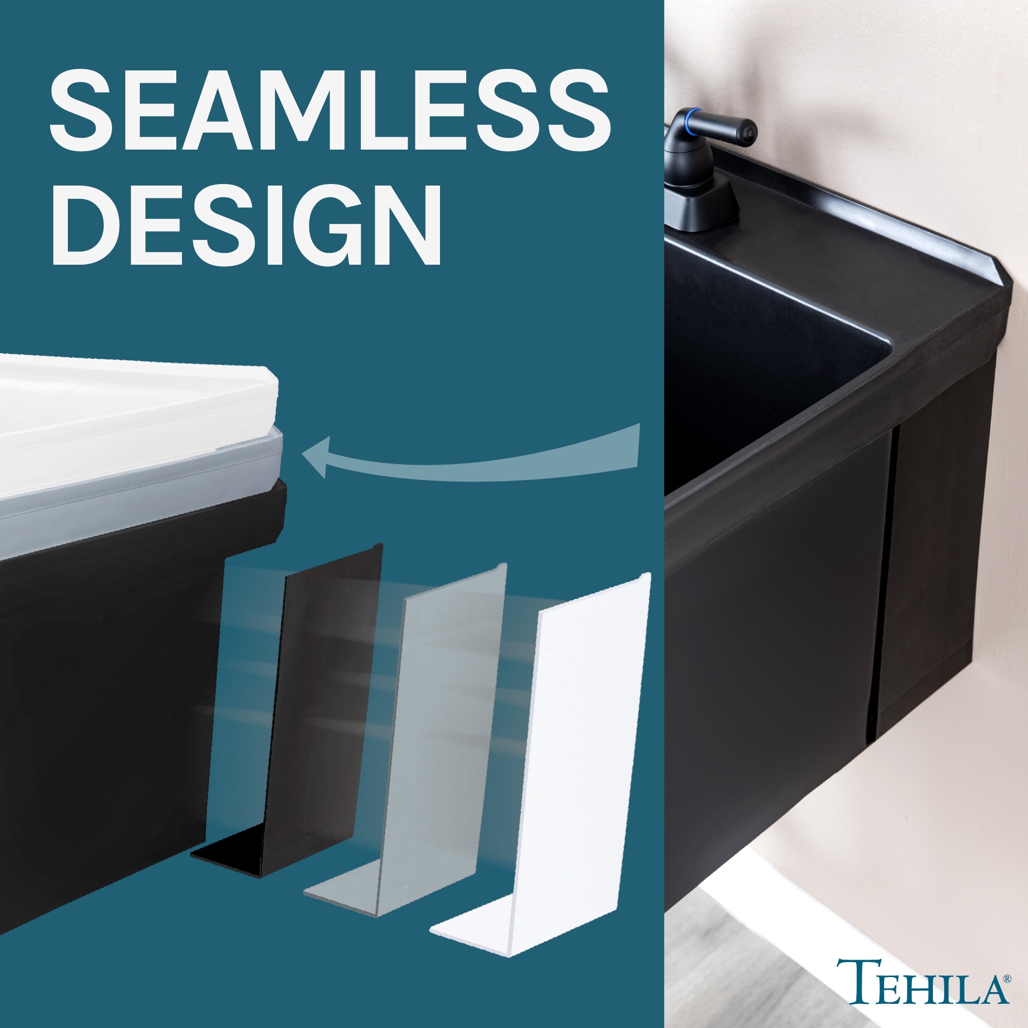 Tehila Wall Mounted Black Utility Sink with Matte Black Finish Pull-out Faucet