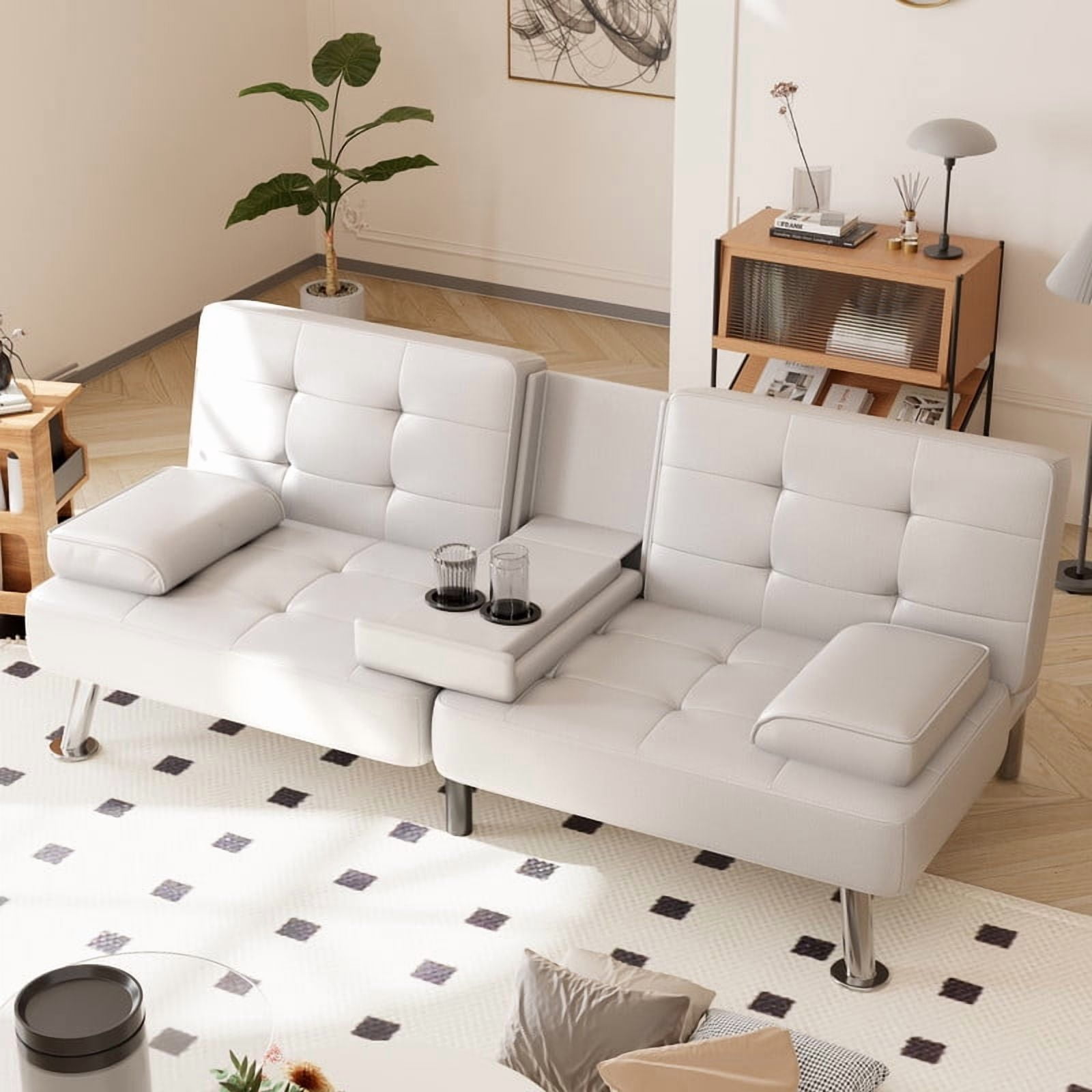 Furmax 3-in-1 Futon Sofa Bed Convertible Couch – Faux Leather Recliner with Cup Holders for Living Room, Apartment & Small Space, White