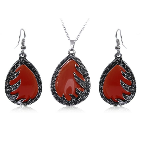 Tone Gunmetal Faux Ruby Great Gatsby Flapper Stone Pendant Necklace Earring Set