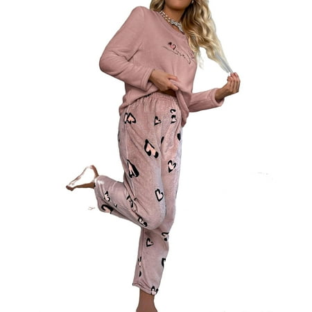 

Cute Letter Round Neck Pant Sets Dusty Pink Long Sleeve Women Pajama Sets L