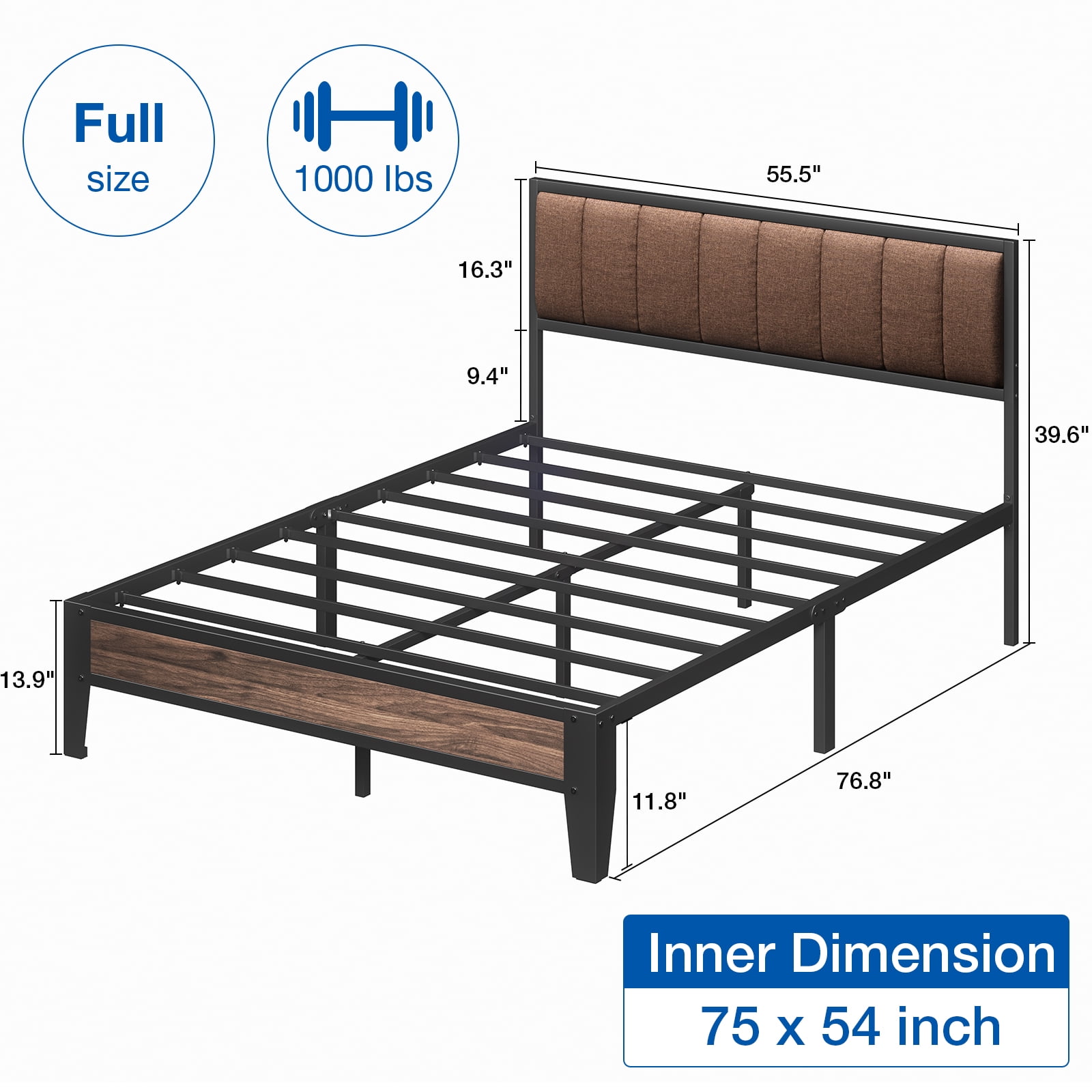 Lusimo Full Size Platform Metal Bed Frame with Upholstered Headboard and Under-Bed Storage No Box Spring Needed, Brown