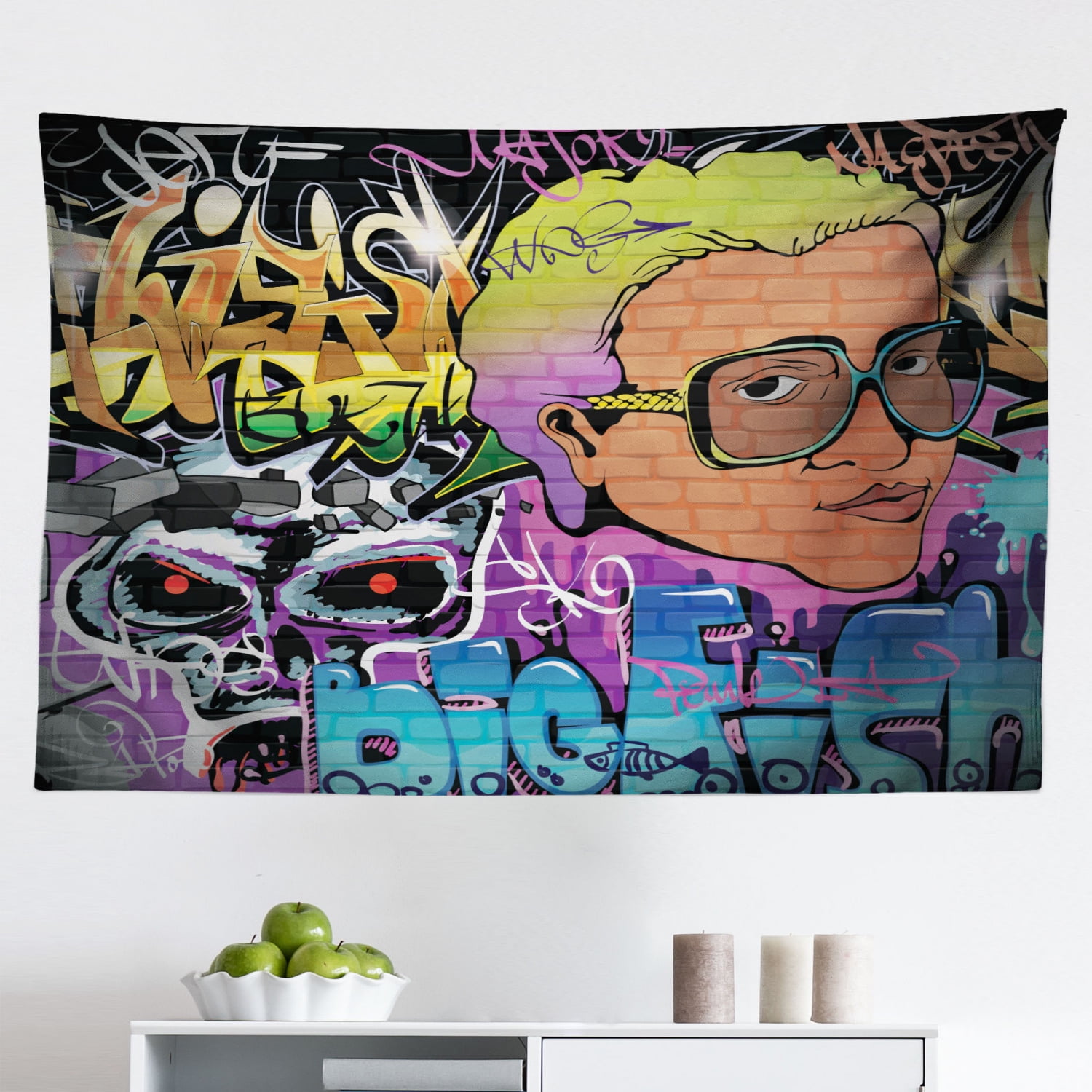 Urban Graffiti Tapestry, Xenomorph Alien and Skull on Aquatic Shaded