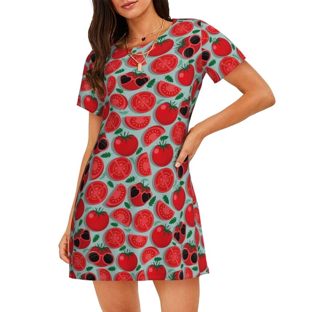 Balery Cute Tomato Camisón de manga corta con cuello redondo para mujer, cómodo y elegante.
