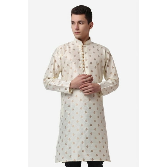 Royal Kurta Gold Color Jacquard Silk Printed Long Kurta for Men