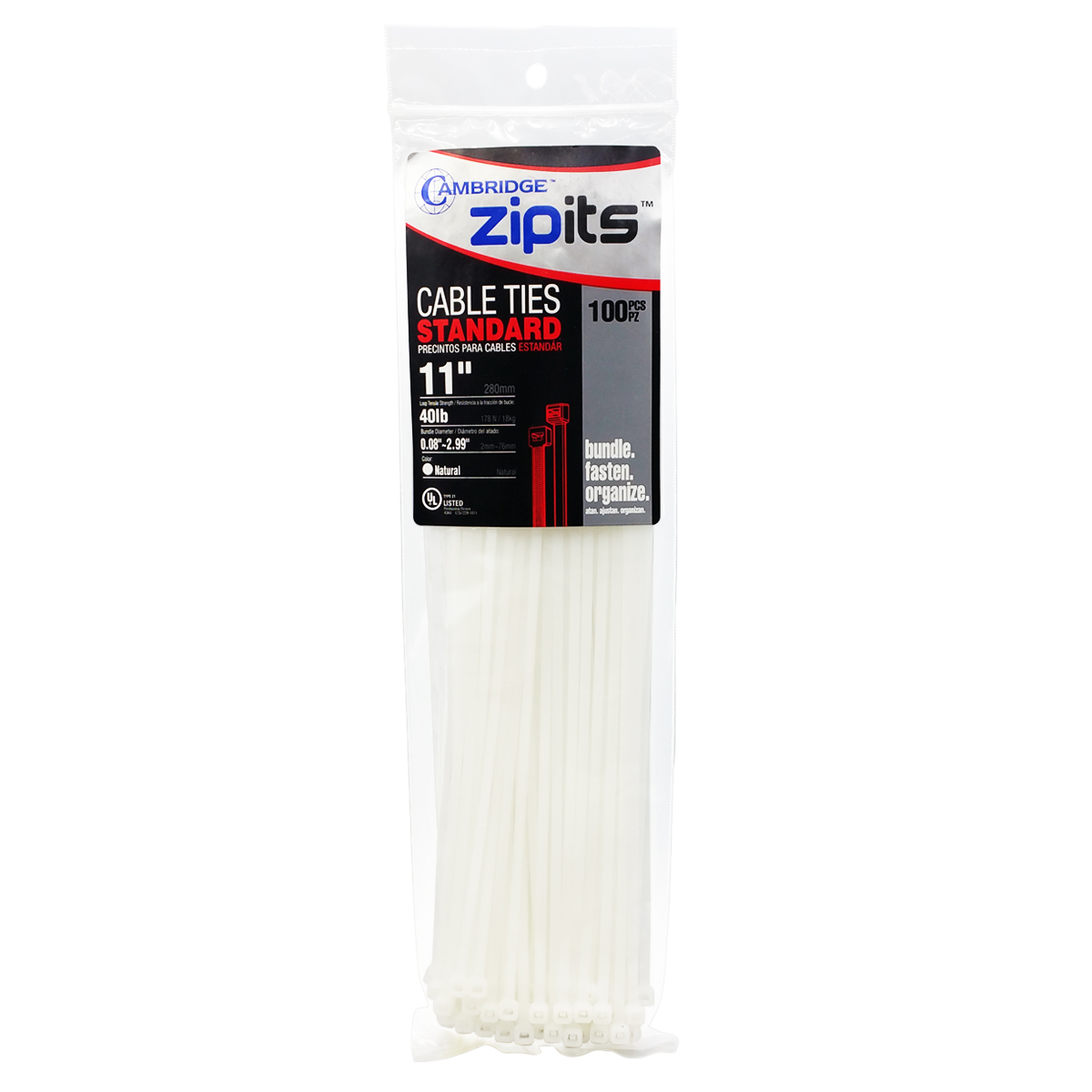 Cambridge ZipIts Cable Ties 11 Inch 40 Lb Standard Duty Zip Ties 100