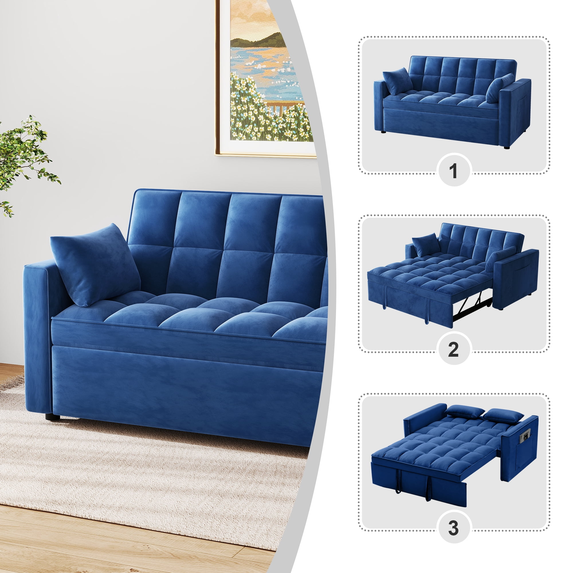 AENKYO Convertible Pull-Out Loveseat Sleeper Sofa Bed for Living Room, Modern Upholstered Futon in Blue