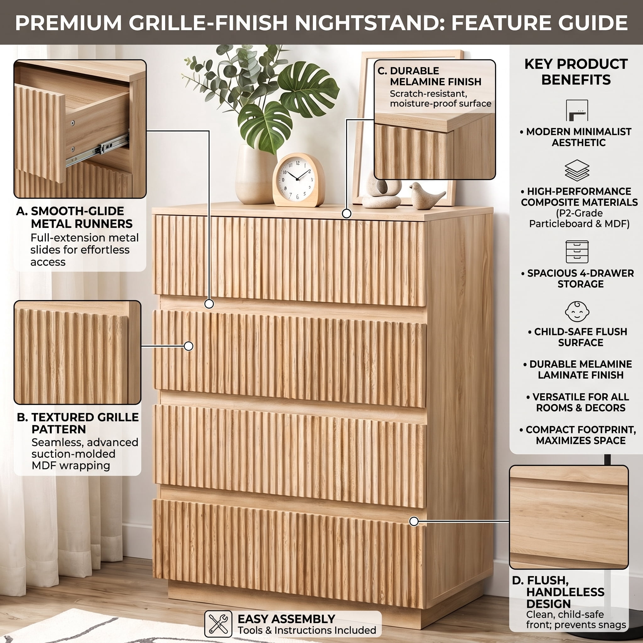 Handleless Grille-Finished 4-Drawer Bedside Table, P2 Particleboard + MDF & ,elamine Veneer + Thermoformed Drawer Dresser 23.62*14.96*30.71in Oak