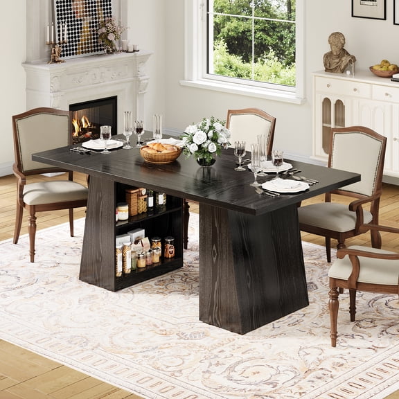 Garvee 71" Modern Dining Table for 4-8 People, Rectangular Wooden Kitchen & Dining Room Table with Storage Shelf, Long Dinner Table for Home, Apartment, Office, Black