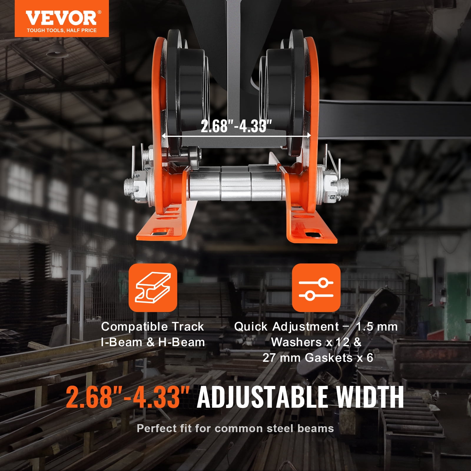 KFFKFF Electric Hoist Manual Trolley 2200 lbs/1 Ton 2.68"-4.33" I-Beam Adjustable