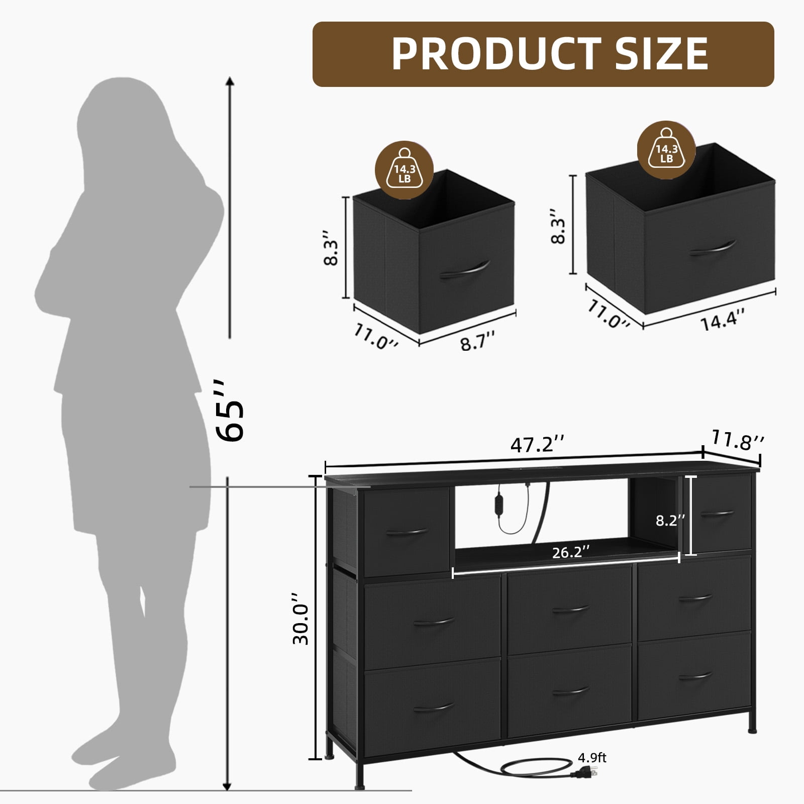 Eunos Black Tv Stands for 65" Tv with 8 Drawers, LED & Power Outlets for Bedroom, Living Room