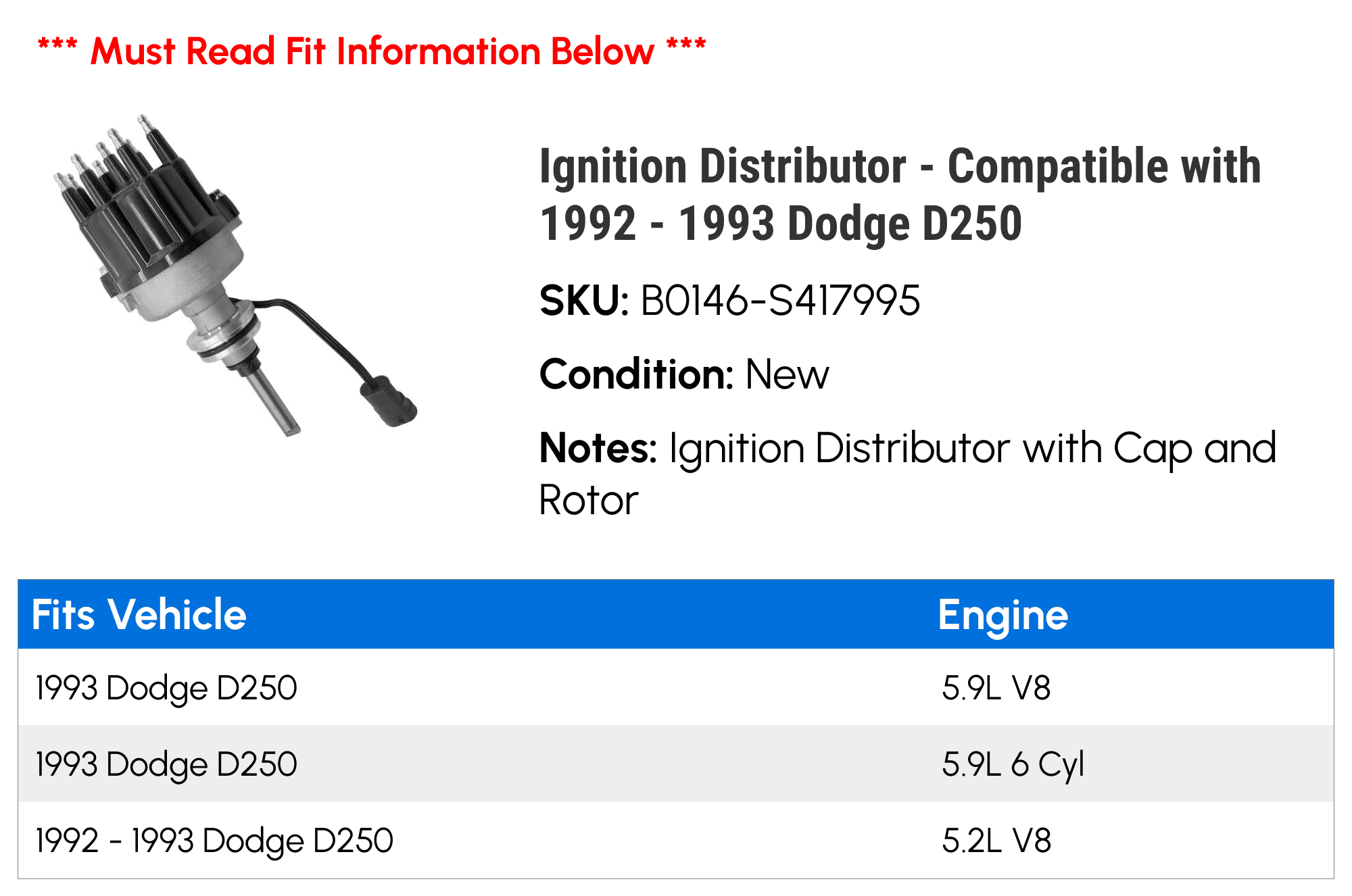 Ignition Distributor - Compatible with 1992 - 1993 Dodge D250