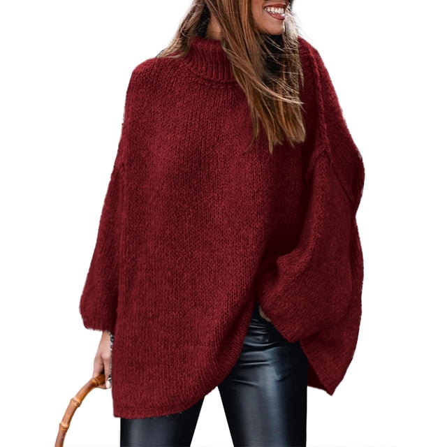 Suéter PRETTYGARDEN 2025 para Mujer Cuello Alto Tejido Grueso Vino Talla M