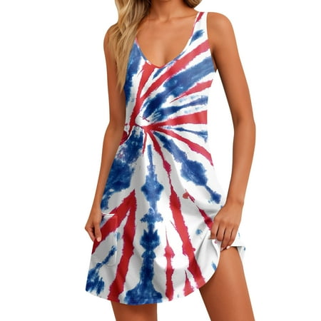 QIJIE Independence Day Swimsuit Coverup for Women American Flag Print Summer Sundress Sleeveless Holiday Boho Beach Casual Tank Dresses V Neck Patriotic T-Shirts Dress with Pockets Blue M