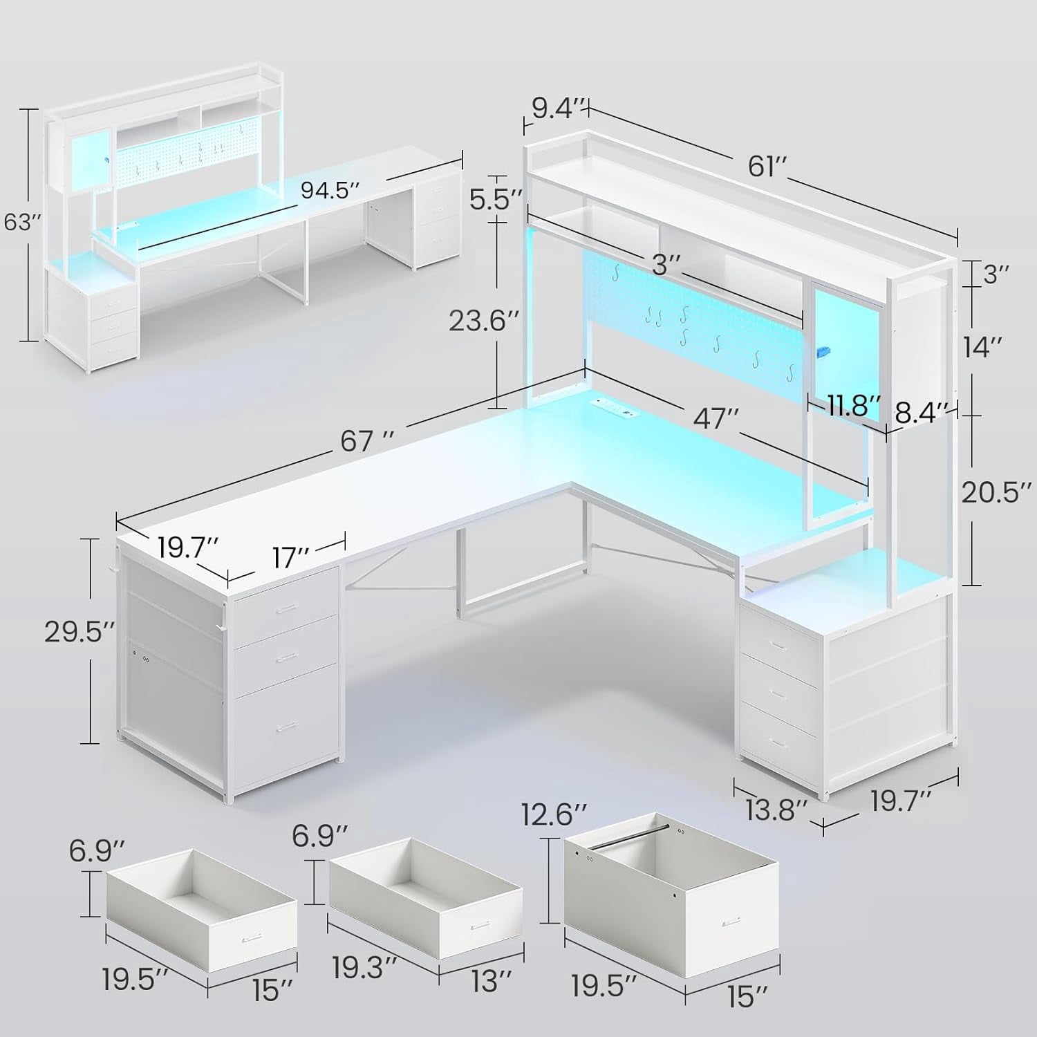SEDETA L Shaped Gaming Desk with Drawers, Reversible Computer Corner Desk with File Drawer, Hutch, Storage Shelves for Home Office, Gaming Two Person Desk with Led Lights, Power Outlet, White