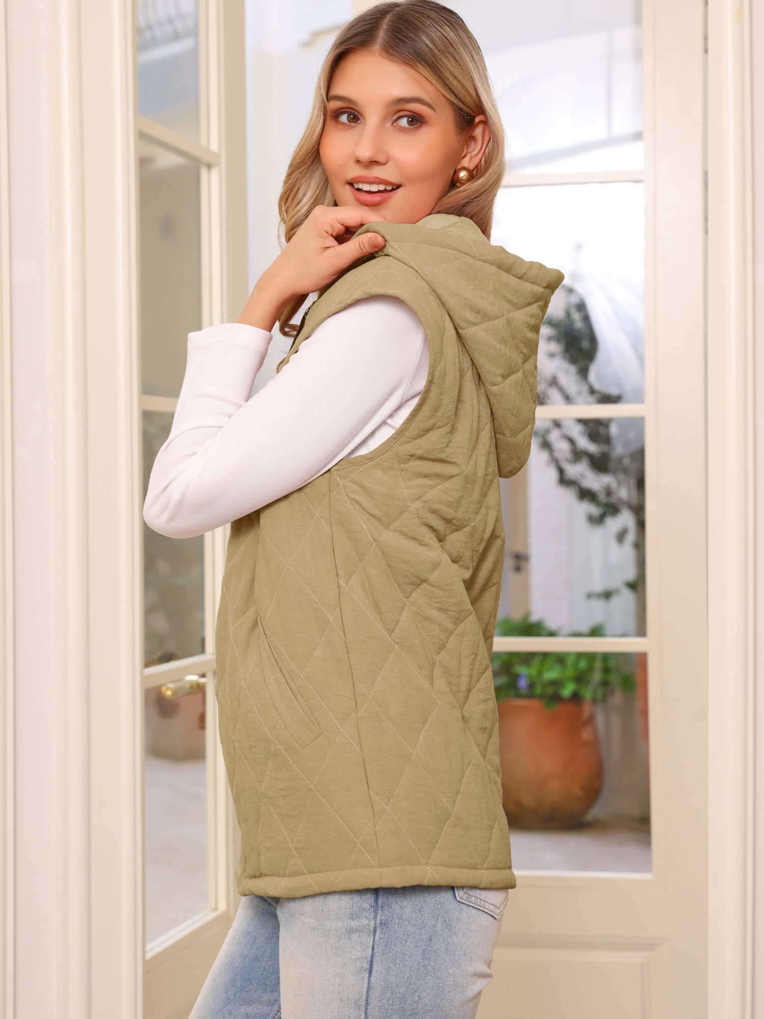 DARING DIVA Women's Puffer Quilted Vest Sleeveless Winter Gilet Zipper Jacket XS Khaki