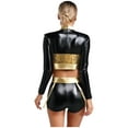 thumbnail image 2 of TiaoBug Women's Metallic Shiny Long Sleeve Crop Top with High Waist Strappy Shorts Raves Party Clubwear Gold M, 2 of 7