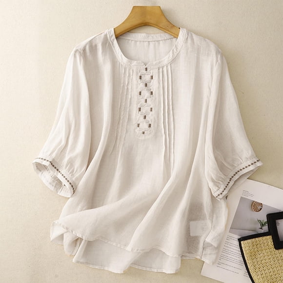 Sijiajgjfu Women Tops 3/4 Sleeve Lapel Shirts Casual Loose Button Down Eyelet Hollow Solid Color Blouses for Leggings
