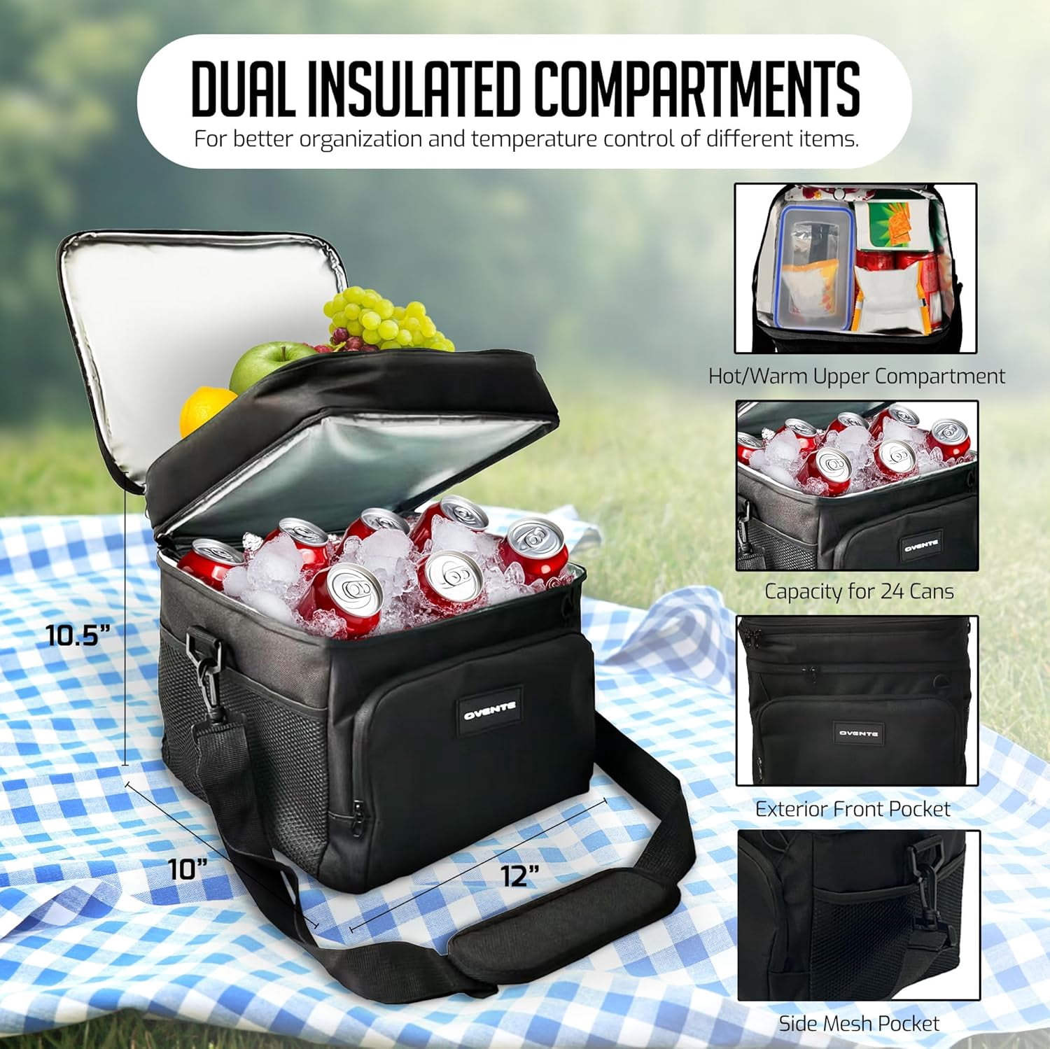 OVENTE Collapsible Soft Cooler Bag, Insulated Lunch Bag with Double-Deck Leakproof Compartments, Waterproof Exterior, Portable for Work, Travel, Beach, Camping and Road Trips, Black CCBI024B