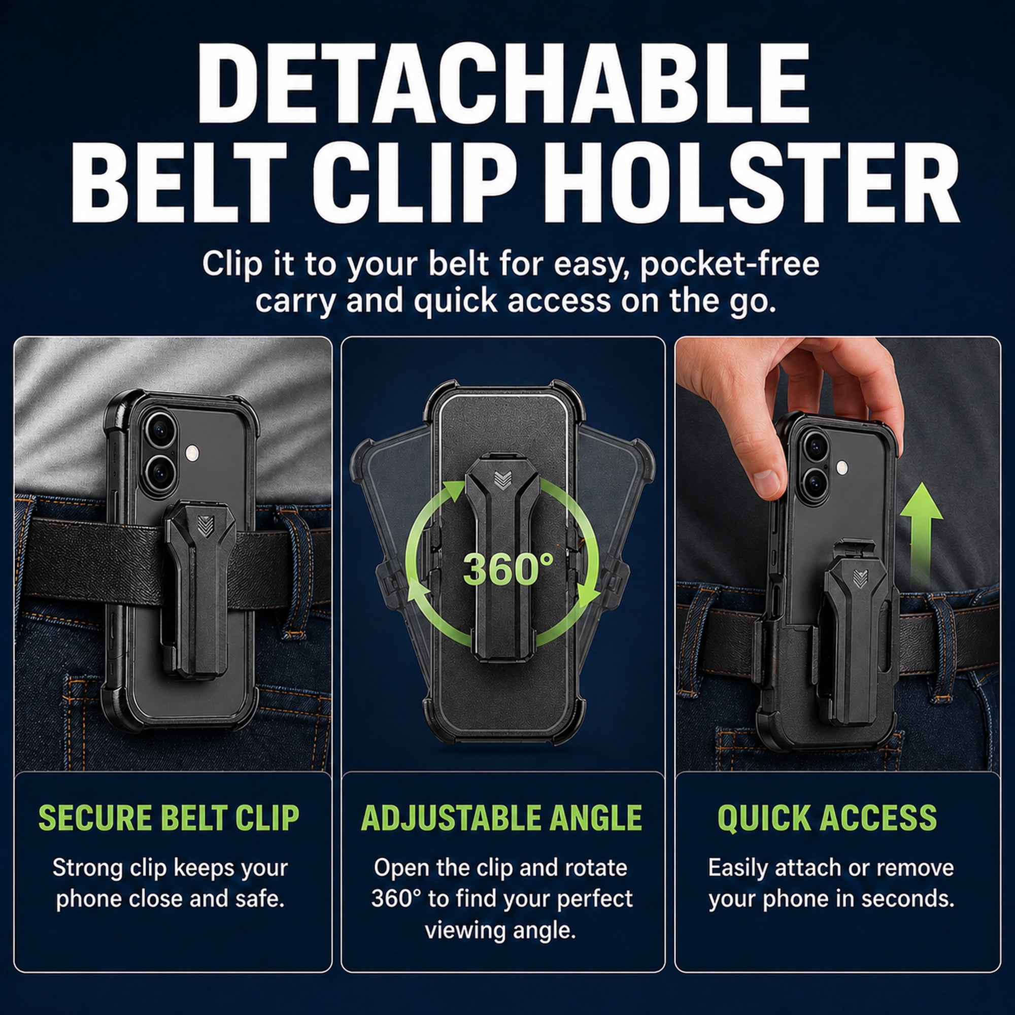 Hybrid Rugged Case with Detachable Belt Clip Holster and Tempered Glass Screen Protector, Magnetic Charging-Compatible, Black, Compatible with iPhone 16
