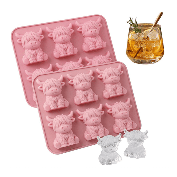 Mini Highland Cow Ice Mold, Highland Cow Silicone Mould– Cute 3D Ice for Drinks, Cocktails & Parties, Gifts for Animal Lovers & Entertaining Mini Highland Cow Ice Mold-Pink-2pcs-A3