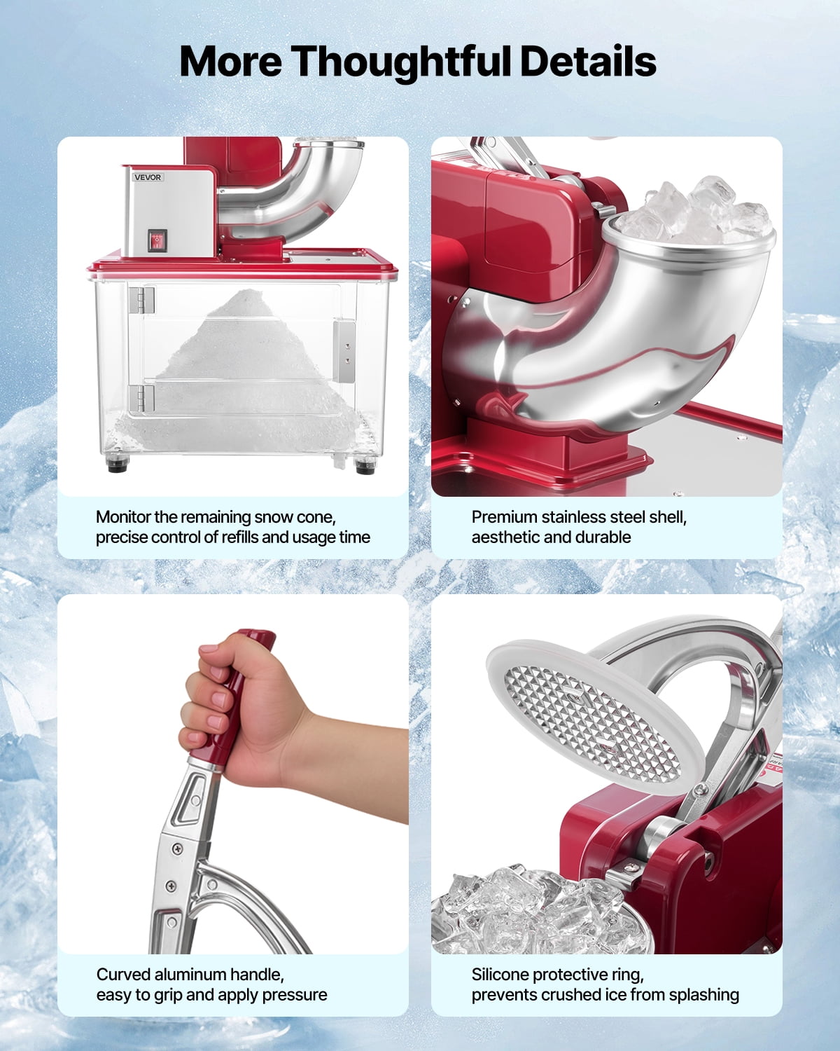 VEVOR Commercial Ice Crusher 661LBS/H, 350W Electric Snow Cone Machine with 4 Blades, 2000RPM Stainless Steel Shaved Ice Machine with 11 Gal Crushed-Ice Box