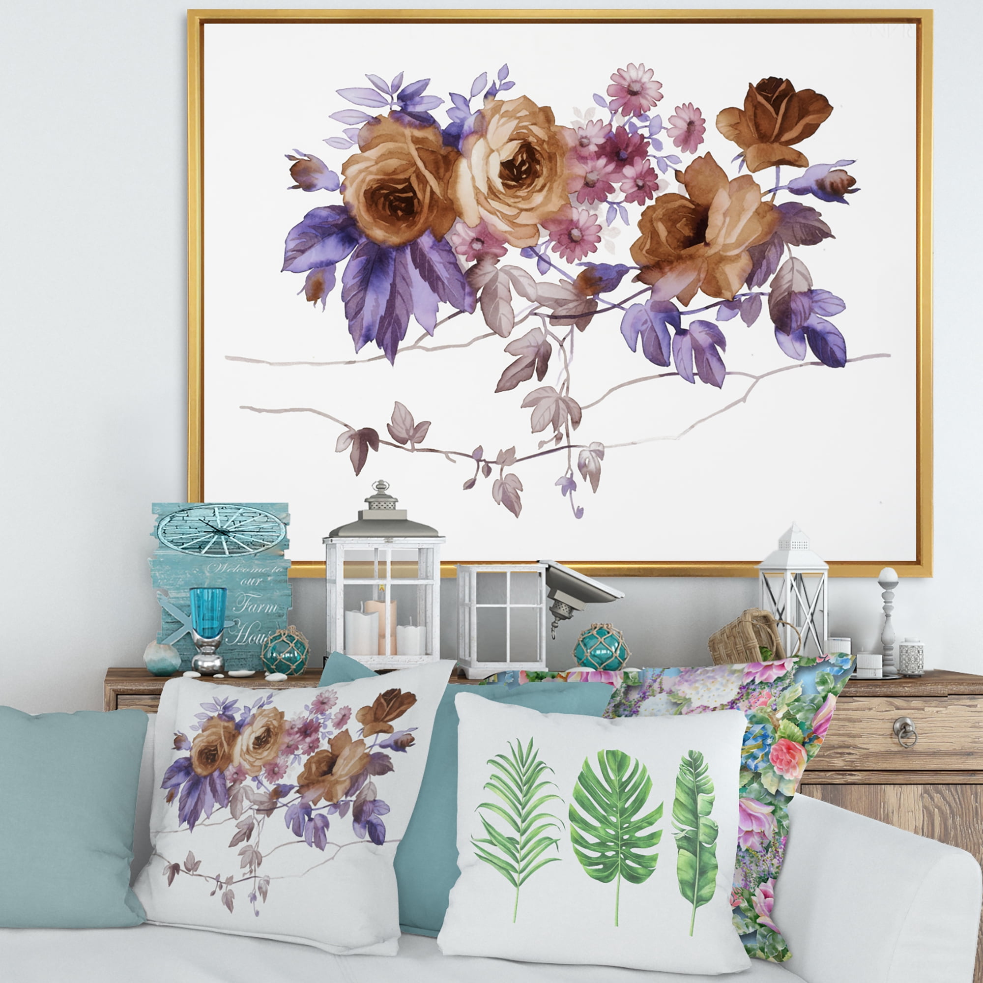 Purple Wildflowers On White IV 32 in x 24 in Framed Painting Canvas Art Print, by Designart