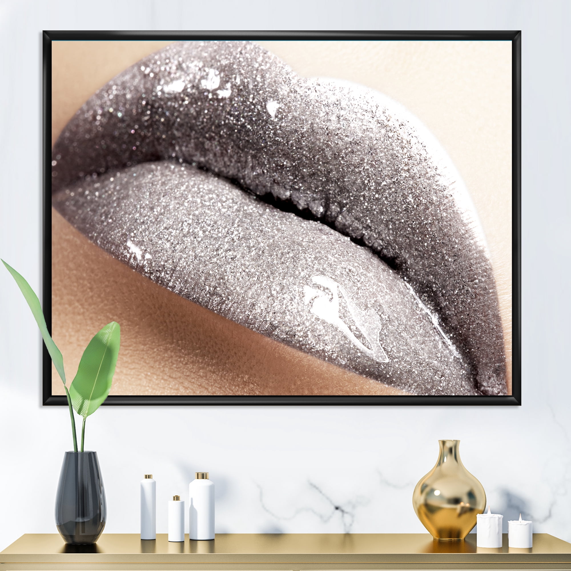 Designart 'Close Up of Female Lips With Glittering Silver' Modern Framed Canvas Wall Art Print